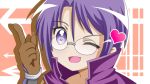  :d :o akechi_mitsuhide_(sengoku_otome) brown_gloves directional_arrow face fuzuki_hikage glasses gloves heart open_mouth parody portrait purple_eyes purple_hair sengoku_otome short_hair smile solo violet_eyes wink yuru_yuri 