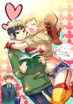  &gt;_&lt; 2boys america_(hetalia) axis_powers_hetalia belt bikini_top black_hair blonde_hair cowboy_hat denim denim_shorts earrings fingerless_gloves food front-tie_top garter_straps genderswap gloves hat heart hug japan_(hetalia) jewelry midriff mochi multiple_boys necktie shorts united_kingdom_(hetalia) wagashi z4 