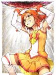  armpits arms_up bike_shorts boots choker clenched_teeth cure_sunny detached_sleeves dress heavy hino_akane kawai_(nrksrk) kawai_makoto lifting looking_up magical_girl orange_(color) orange_dress orange_eyes orange_hair precure short_hair shorts_under_skirt skirt smile_precure! solo sweat sweatdrop tears thigh-highs thigh_boots thighhighs tiara 