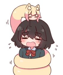  2girls animal animal_ear_fluff animal_ears animalization black_cardigan black_hair blonde_hair blush bow cardigan closed_eyes collared_shirt constriction diagonal-striped_bow facing_viewer fang flying_sweatdrops fox_ears hair_between_eyes highres kemomimi-chan_(naga_u) motion_lines multiple_girls naga_u naga_u-chan open_mouth original red_bow shirt short_eyebrows sidelocks simple_background snake tears thick_eyebrows wavy_mouth white_background white_shirt 