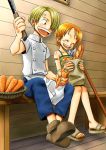  1boy 1girl apron bandaid blonde_hair bread carrot child food fruit hair_over_one_eye knife nami one_piece orange orange_hair pole sandals sanji shoes short_hair sitting smile yamadaenako young 