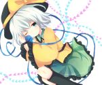  blush boots eyeball green_eyes green_hair hat heart komeiji_koishi lying ribbon setsuna_(pixiv) short_hair silver_hair skirt solo sun_hat third_eye touhou wink 