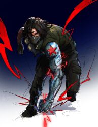  1boy black_pants brown_eyes brown_hair captain_america:_the_winter_soldier captain_america_(series) clenched_hands commentary covered_mouth energy full_body green_vest highres james_buchanan_barnes looking_ahead male_focus marvel marvel_cinematic_universe marvel_rivals neo_jpeg pants pocket prosthesis prosthetic_arm sketch sleeveless solo star_(symbol) v-shaped_eyebrows vest winter_soldier 