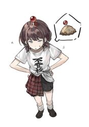  1girl anger_vein black_footwear black_shorts blue_eyes blush brown_hair full_body girls_band_cry half-skirt hands_on_own_hips iseri_nina low_twintails open_mouth plaid_clothes plaid_skirt plants_vs_zombies potato_mine_(plants_vs_zombies) red_skirt shikai_no_sumi_kuchiru_oto shirt shirt_partially_tucked_in short_hair short_twintails shorts simple_background skirt socks solo twintails waeoo white_background white_shirt white_socks 