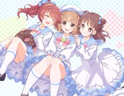  3girls ^_^ black_footwear blonde_hair blue_background blue_bow blue_collar blunt_bangs blush bow bowtie brown_eyes brown_footwear brown_hair chocolate_doughnut closed_eyes collar commentary double_bun doughnut dress floating_hair food frilled_collar frilled_dress frills gold_buttons hair_bun hands_on_another&#039;s_shoulders hands_on_own_knees hat heart heart_ornament holding holding_doughnut holding_food idolmaster idolmaster_cinderella_girls kitami_yuzu kneehighs kneeling leaning_on_person light_blush long_hair long_sleeves medium_hair multiple_girls munakata_atsumi open_mouth pink_bow pink_bowtie polka_dot polka_dot_background ponytail redhead sailor_collar sailor_hat shiina_noriko short_hair sitting smile socks sparkling_eyes suzuno_(suzuno3110) symbol-only_commentary white_background white_dress white_hat white_socks 