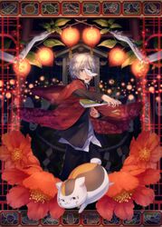  arms beads blindfold book camellia_(flower) chinese_lantern flower gakuran green_eyes grey_hair ground_cherry highres lantern mask natsume_takashi natsume_yuujinchou nekotama_(artist) nyanko paper_lantern prayer_beads school_uniform shide shimenawa short_hair shrine spirit 