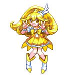  :d blonde_hair boots cure_peace double_v kise_yayoi kou_2008 lowres magical_girl open_mouth pixel_art precure shorts_under_skirt smile smile_precure! solo v white_background yellow_eyes 