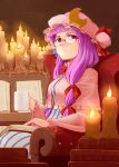  bespectacled book bow candle capelet chair crescent cup glasses hair_bow hat long_hair patchouli_knowledge purple_eyes purple_hair ryuhey sitting solo touhou violet_eyes 