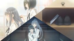 2girls black_eyes black_hair blue_eyes blue_hair brushing_another&amp;#039;s_hair cabinet closed_eyes flowers_(innocent_grey) game_cg hair_ornament hug_from_behind letter ponytail sasaki_ringo school_uniform scrunchie shoebbox shoes spoilers sugina_miki theater window yatsushiro_yuzuriha yuri