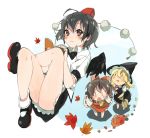  bad_id bare_legs black_eyes black_hair black_wings blonde_hair blush broom brown_eyes chibi flying footwear hakurei_reimu hat kirisame_marisa mary_janes multiple_girls pom_pom_(clothes) shameimaru_aya shoes short_hair socks tokin_hat touhou wings witch witch_hat yzh_chan 