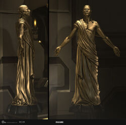  1boy 3d bald bokaja commentary company_logo company_name copyright_logo copyright_name cyborg dated eve_online from_side full_body glint glowing gold highres indoors lips logo multiple_views nose old old_man outstretched_arms pedestal realistic science_fiction spread_arms standing statue toga undoz 