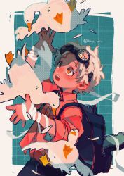  1boy absurdres backpack bag bandaged_arm bandages bird black-framed_eyewear black_bag black_pants blue_background blush border buttons check_copyright collared_shirt copyright_request cowboy_shot cross_scar goggles goggles_on_head goose grid_background hata_kiwi highres long_sleeves male_focus messy_hair open_mouth orange_eyes original pants red_shirt round_eyewear scar scar_on_face shirt short_hair solo standing surprised teeth twitter_username upper_teeth_only white_border white_hair 