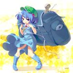  1girl backpack bag blue_eyes blue_hair blueberry_(5959) hair_bobbles hair_ornament hat kawashiro_nitori key open_mouth short_hair smile solo touhou twintails 