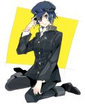  androgynous bad_id black_eyes blue_hair breasts cabbie_hat crossdressinging female hand_on_hat hat jacket looking_at_viewer moroheso nervous pants persona persona_4 reverse_trap school_uniform shirogane_naoto shoes short_hair sitting solo tomboy wariza 