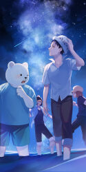  4boys bear bear_boy bepo black_hair blue_shirt brown_hair closed_mouth firing furry furry_male grin highres male_focus milky_way multiple_boys one_eye_closed one_piece penguin_(one_piece) polar_bear rami_rz shachi_(one_piece) shirt shorts sky smile star_(sky) starry_sky trafalgar_law wading white_shirt 