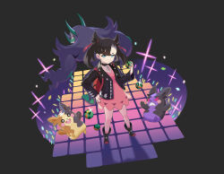  1girl :d absurdres angry aqua_eyes asymmetrical_bangs black_choker black_footwear black_hair black_jacket choker commentary dress dusk_ball eyelashes full_body glint grimmsnarl hair_ribbon highres holding holding_poke_ball jacket leather leather_jacket marnie_(pokemon) morpeko morpeko_(full) morpeko_(hangry) open_clothes open_jacket open_mouth pink_dress poke_ball pokemon pokemon_(creature) pokemon_swsh red_bag red_eyes red_ribbon ribbon smile standing symbol-only_commentary teeth tooth twintails undercut user_mhrh2758 v-shaped_eyes 