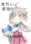  &gt;:d 2girls :d asashimo_(kantai_collection) blue_hair bow cirno comic crossed_arms crossover grey_eyes hair_bow hair_over_one_eye hair_ribbon hinata_yuu ice ice_wings kantai_collection long_hair looking_at_viewer multiple_girls open_mouth ponytail ribbon school_uniform short_hair silver_hair smile touhou translation_request wings 