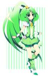  bike_shorts bow bowtie choker cure_march dress green green_background green_dress green_eyes green_hair long_hair midorikawa_nao no_nose ponytail precure ribbon shoes shorts_under_skirt skirt smile smile_precure! solo soranagi striped striped_background tri_tails vertical_stripes very_long_hair 