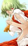  ascot breasts fourth_wall green_hair hands index_finger_raised kazami_yuuka phenne plaid plaid_vest raised_finger red_eyes shirt short_hair skirt smile solo touching touhou vest wink youkai 