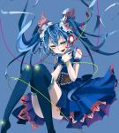  absurdres blue_eyes blue_hair corset dress floating_hair hatsune_miku headset highres hoshino_kisora simple_background sitting solo thigh-highs thighhighs twintails vocaloid 