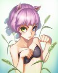  animal_ears bikini_top cat_ears cattail collarbone copyright_request heterochromia paw_pose pink_hair plant solo yuksi 