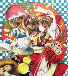  1girl absurdres aqua_eyes arm_up bow brown_hair coin commentary_request daruma_doll detached_sleeves fish gohei gold_coin gourd hair_bow hakurei_reimu highres long_hair looking_at_viewer midriff smile socha solo tanuki touhou traditional_media waves 