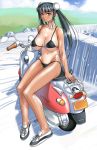 artist_request bikini black_hair breasts brown_eyes cleavage highres large_breasts legs motor_vehicle navel scooter shoes sneakers swimsuit tan tanline twintails vehicle 
