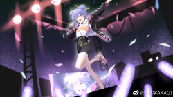  1girl azusa_(vtuber) azusa_official black_jacket black_shorts black_skirt blue_hair concert double_bun glowstick hair_bun hair_ornament highres holding holding_microphone jacket long_sleeves looking_at_viewer microphone music nijisanji open_clothes open_jacket open_mouth purple_hair shirt shoes short_hair shorts singing skirt sky smile sneakers solo stage stage_lights standing standing_on_one_leg virtual_youtuber virtuareal weibo_6065089165 weibo_logo weibo_username white_shirt yellow_eyes 