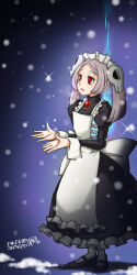  1girl absurdres apron arms_up artist_name bloody_marie_(skullgirls) commentary_request dated english_commentary hamu_agaki highres maid maid_apron maid_headdress mixed-language_commentary open_mouth purple_hair red_eyes skullgirls smile snowing solo sparkle standing twintails twitter_username white_apron 