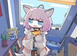  1girl animal_ears arknights black_choker blue_eyes blush book character_doll choker coat commentary fox_ears fox_girl fox_tail gloves highres holding holding_book indoors infection_monitor_(arknights) keirono long_sleeves open_mouth purple_hair short_hair solo sussurro_(arknights) suzuran_(arknights) tail white_coat white_gloves 