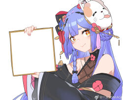  1girl azusa_(vtuber) azusa_official bare_shoulders black_kimono blue_hair bow braid closed_mouth detached_sleeves facial_mark flower flower_knot fox_mask hair_bow hair_flower hair_ornament holding holding_sign japanese_clothes kimono long_hair long_sleeves looking_at_viewer mask mask_on_head nijisanji orange_eyes pink_nails sign simple_background smile solo textless_version thick_eyebrows upper_body virtual_youtuber virtuareal weibo_6065089165 weibo_logo weibo_username white_background 