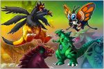  baragon_(godzilla) beautifly blue_eyes character_request godzilla godzilla_(series) hydreigon kaijuu king_ghidorah moth mothra multiple_heads nidoking no_humans pokemon twarda tyranitar watermark web_address wings zoom_layer 