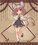  :&lt; :3 animal_ears basket capelet dowsing_rod dress full_body gem grey_dress grey_hair highres jewelry looking_at_viewer mary_janes miruki mouse mouse_ears mouse_tail nazrin necklace pendant red_eyes shoes short_hair solo standing_on_one_leg tail touhou 