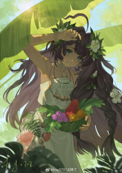  1girl absurdres ahoge arm_up armpits artist_name bare_arms bare_shoulders black_hair blue_eyes blue_sky bowl closed_mouth dark-skinned_female dark_skin fatutu flower food fruit hair_flower hair_ornament halter_shirt halterneck hand_on_own_head hand_up hibiscus highres holding holding_bowl jewelry kay0707 leaf_hair_ornament lens_flare long_hair looking_at_viewer midriff monstera_deliciosa necklace outdoors reverse:1999 shell shell_bracelet shell_necklace shirt signature skirt sky sleeveless sleeveless_shirt smile solo upper_body very_long_hair weibo_logo weibo_watermark white_flower white_shirt white_skirt 