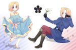  2boys axis_powers_hetalia blonde_hair blue_eyes blush boots crossdressinging dual_persona flower france_(hetalia) gloves highres multiple_boys skirt_hold smile time_paradox trap usapon54 young 