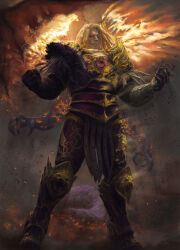  1boy alex_cristi aquila_(symbol) armor blonde_hair burning_armor clenched_hand daemon demon_wings emperor&#039;s_children fiery_wings fulgrim full_body glowing_armor highres imperial_aquila lion_head_(ornament) male_focus primarch purple_armor the_gilded_panoply transformation warhammer_40k wings 