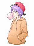  backwards_hat baseball_cap blush_stickers bubble_blowing bubblegum casual contemporary drawfag eau hands_in_pockets hat hoodie lilith_aensland purple_hair red_eyes short_hair solo vampire_(game) 