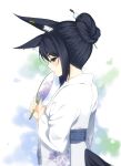  1girl animal_ears black_eyes black_hair blush fan fox_ears fox_tail haru_(artist) highres japanese_clothes kimono mole obi original paper_fan sash solo standing tail uchiwa 