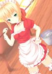  ahoge alternate_costume apron bad_id blonde_hair breasts bucket cleavage dress dutch_angle enmaided fate/extra fate_(series) green_eyes hair_ribbon kinta_(distortion) lace lace-trimmed_thighhighs maid maid_headdress mop ribbon saber_extra solo thighhighs wrist_cuffs 