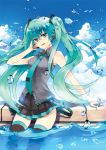  aqua_eyes aqua_hair hand_on_headphones hatsune_miku headphones headset hyugo long_hair necktie open_mouth outdoors skirt sky smile solo thigh-highs thighhighs twintails very_long_hair vocaloid zettai_ryouiki 