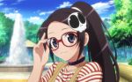  :3 bespectacled black_hair casual choker earrings elsea_de_lute_irma glasses hair_ornament jewelry kami_nomi_zo_shiru_sekai lowres nonstop!!_hunters_pv ponytail purple_eyes red-framed_glasses screencap skull_hair_ornament solo source_request striped violet_eyes wavy_mouth 