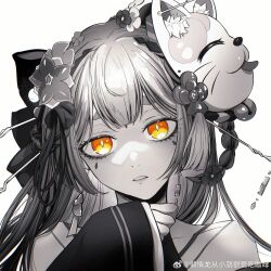  1girl absurdres azusa_(vtuber) azusa_official blunt_bangs flower fox_mask hair_flower hair_ornament hair_ribbon hand_up highres landuo_long_congxiao_jiu_hen_ai_chi_kafei mask mask_on_head nijisanji portrait ribbon solo spot_color teardrop_facial_mark thick_eyebrows virtual_youtuber virtuareal weibo_logo weibo_username white_background wide_sleeves yellow_eyes 