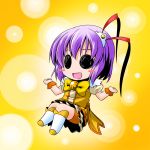 blush_stickers bow chibi cosplay cure_peace cure_peace_(cosplay) hair_ornament ichimi nagae_iku open_mouth power_connection precure purple_hair short_hair shorts_under_skirt smile smile_precure! solid_circle_eyes solo touhou
