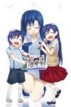  2girls blue_hair brother_and_sister child child_drawing closed_eyes din_(flypaper) drawing dual_persona eyes_closed hand_on_head idolmaster kisaragi_chihaya kisaragi_yuu long_hair microphone multiple_girls one_knee open_mouth short_hair siblings smile squatting tears young 