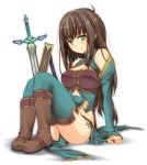  arm_support bad_id bare_shoulders big_wednesday boots breasts brown_hair cleavage corbucci detached_sleeves green_eyes green_legwear halter_top halterneck highres loincloth long_hair looking_at_viewer midriff original sheath side-tie_skirt sitting sleeves_past_wrists smile solo sword thigh-highs thighhighs weapon 