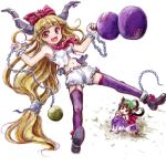  :&lt; animal_ears bare_arms bare_shoulders blonde_hair bloomers bow brown_eyes brown_hair cat_ears cat_tail chain chains chen cuffs dress fang flying flying_sweatdrops from_above garter_straps gourd grass hair_bow hair_ribbon hat holding_skirt horn_ribbon horns ibuki_suika long_hair long_sleeves looking_at_another looking_at_viewer looking_up lowres manacles midriff multiple_girls multiple_tails nanashii_(soregasisan) navel on_back open_mouth ribbon shoes short_hair skirt skirt_removed sleeveless standing tail thigh-highs thighhighs touhou very_long_hair vest wrist_cuffs yellow_eyes 