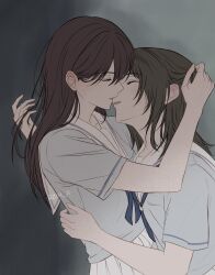 2girls bang_dream! bang_dream!_it's_mygo!!!!! black_hair blue_necktie blue_shirt brown_hair chinese_commentary closed_eyes commentary_request grey_background hanasakigawa_school_uniform hand_in_another's_hair highres imminent_kiss long_hair multiple_girls necktie parted_lips pleated_skirt sailor_collar school_uniform shiina_taki shirt short_sleeves skirt twitter_username white_sailor_collar white_skirt yahata_umiri yuri zih_ii 