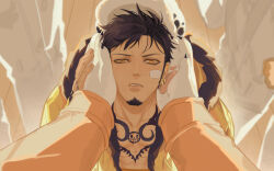  2boys bepo chest_tattoo claws coat collarbone earrings facial_hair goatee hands_on_another&#039;s_face hood hood_down jewelry male_focus multiple_boys one_piece orange_eyes parted_lips pawpads pectoral_cleavage pectorals rami_rz short_hair tattoo toned toned_male trafalgar_law yellow_coat 