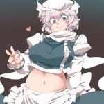  apron aqua_eyes belly blue_eyes breasts brown_background female gradient gradient_background hat heart iroyopon large_breasts lavender_hair letty_whiterock long_sleeves looking_at_viewer midriff navel pink_hair short_hair simple_background skirt smile solo standing touhou v 