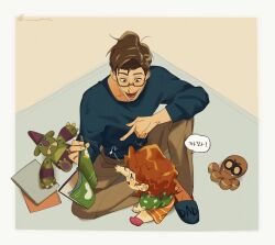  1boy 1girl blue_eyes blue_footwear blue_shirt book brown_eyes english_text glasses highres holding holding_book indoors korean_commentary korean_text marvel mayday_parker open_book orange_hair peter_b_parker picture_book pink_footwear pointing shirt short_hair speech_bubble spider-man:_across_the_spider-verse spider-man_(series) spider-verse spiderbbac stuffed_animal stuffed_toy 